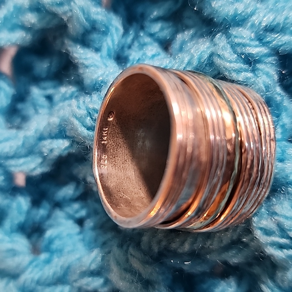 Wide Sterling silver 14K gold spinner ring size 8 - Picture 10 of 10